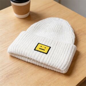 Acne Cream Ribbed Beanie with Yellow Smiley Patch